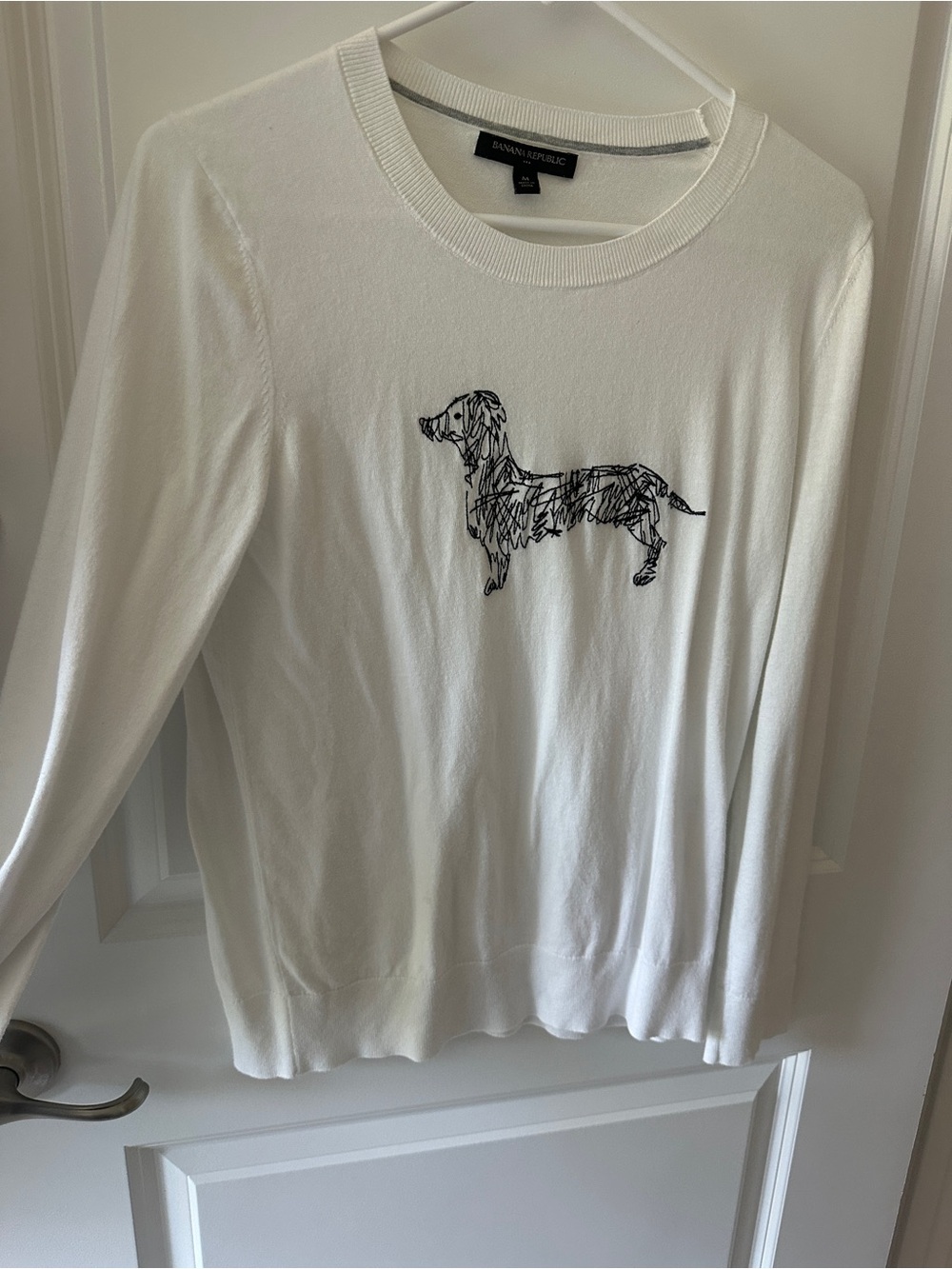 Banana Republic White Crewneck Sweater with Black Dachshund Sketch